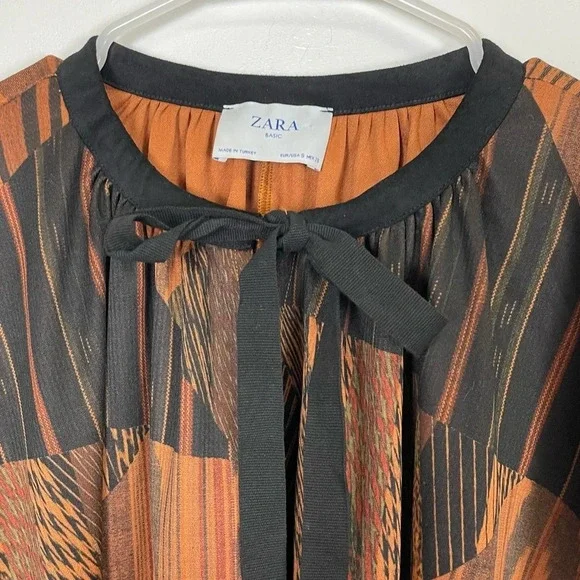 Zara Basic Blouse Womens Size Small Oversized Black Brown Pattern Neck Tie Bow - Picture 4 of 11